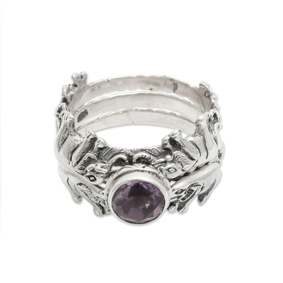 Amethyst and sterling silver stacking rings, 'Elephant Shrine' (set of 3) - Amethyst and Silver Stacking Rings (Set of 3) Indonesia