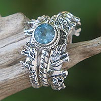 Blue topaz and sterling silver stacking rings, 'Elephant Shrine'