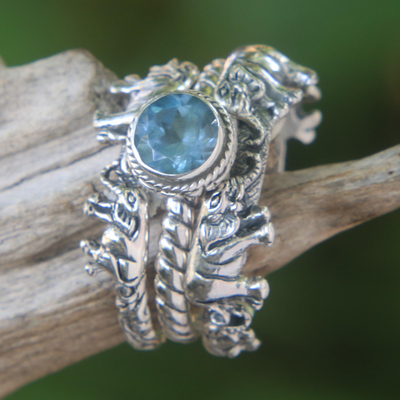Blue topaz and sterling silver stacking rings, Elephant Shrine