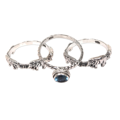 Blue topaz and sterling silver stacking rings, 'Elephant Shrine' - Blue Topaz and Silver Stacking Rings (Set of 3) Indonesia