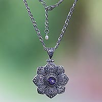 Amethyst pendant necklace, 'Lotus Medallion' - Bali Sterling Silver and Amethyst Flower Necklace with Pearl
