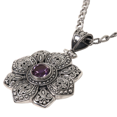 Amethyst pendant necklace, 'Lotus Medallion' - Bali Sterling Silver and Amethyst Flower Necklace with Pearl