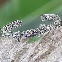 Amethyst cuff bracelet, 'Amid the Dragonflies' - Handcrafted Sterling Silver and Amethyst Cuff Bracelet