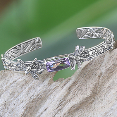Amethyst cuff bracelet, 'Amid the Dragonflies' - Handcrafted Sterling Silver and Amethyst Cuff Bracelet