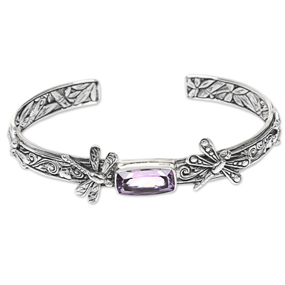 Amethyst cuff bracelet, 'Amid the Dragonflies' - Handcrafted Sterling Silver and Amethyst Cuff Bracelet