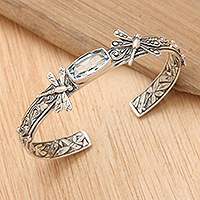 Blue topaz cuff bracelet, 'Amid the Dragonflies' - Blue Topaz Handcrafted Sterling Silver Cuff Bracelet