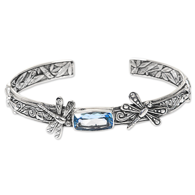Blue topaz cuff bracelet, 'Amid the Dragonflies' - Blue Topaz Handcrafted Sterling Silver Cuff Bracelet