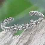 Prasiolite cuff bracelet, 'Amid the Dragonflies' - Balinese Sterling Silver and Prasiolite Dragonfly Bracelet