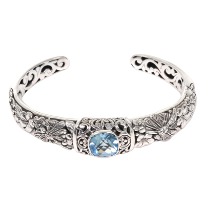 Blue topaz cuff bracelet, 'Sacred Garden in Blue' - Blue Topaz and Sterling Silver Cuff Bracelet from Indonesia