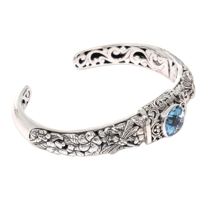 Blue topaz cuff bracelet, 'Sacred Garden in Blue' - Blue Topaz and Sterling Silver Cuff Bracelet from Indonesia