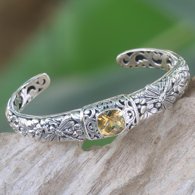 Citrine cuff bracelet, 'Sacred Garden in Yellow' - Citrine and Sterling Silver Cuff Bracelet from Indonesia