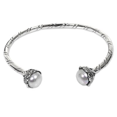 Handcrafted Silver Cuff Bracelet with White Cultured Pearls