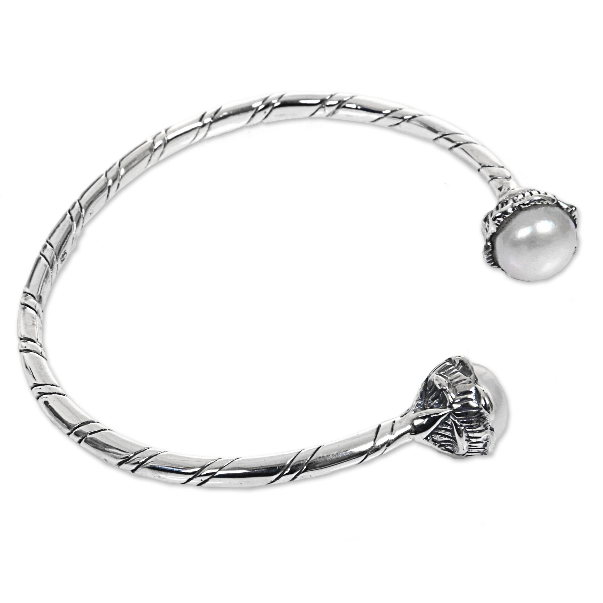 Handcrafted Silver Cuff Bracelet with White Cultured Pearls White