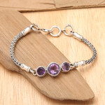 Amethyst pendant bracelet, 'Mystic Bamboo' - 925 Sterling Silver and Amethyst Engraved Bracelet from Bali