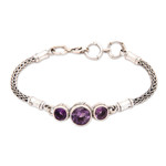 Amethyst pendant bracelet, 'Mystic Bamboo' - 925 Sterling Silver and Amethyst Engraved Bracelet from Bali