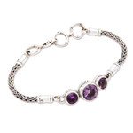 Amethyst pendant bracelet, 'Mystic Bamboo' - 925 Sterling Silver and Amethyst Engraved Bracelet from Bali