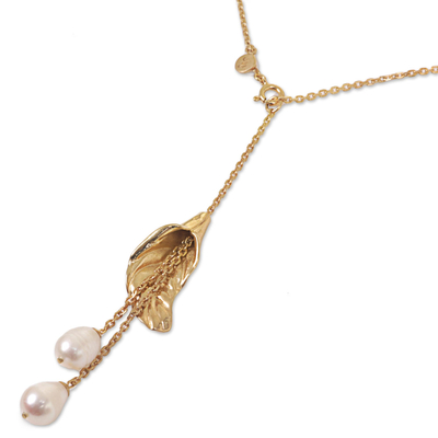 Collar en Y de perlas cultivadas y plata de primera ley recubierta de oro - Collar de eslabones de plata de primera ley recubierta de oro perla indonesia