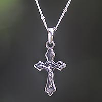 Collar de plata de ley, 'Cristo en la Cruz' - Crucifijo de plata de ley altamente pulido en cadena cubana