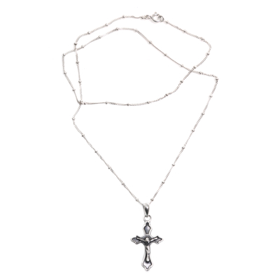Sterling silver necklace, 'Christ on the Cross' - Highly Polished Sterling Silver Crucifix on Cuban Chain