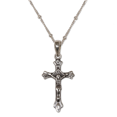 Sterling silver pendant necklace, 'Accompanied by Christ' - Highly Polished Sterling Silver Crucifix Pendant Necklace