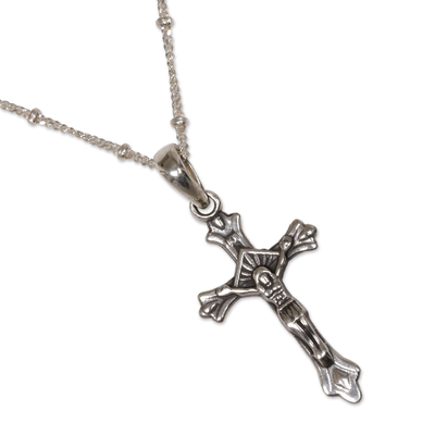 Sterling silver pendant necklace, 'Accompanied by Christ' - Highly Polished Sterling Silver Crucifix Pendant Necklace