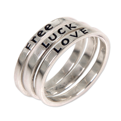 Sterling silver stacking rings, 'Free Luck Love' (set of 3) - Balinese Inspirational Silver Stacking Rings (Set of 3)