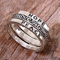 Sterling silver stacking rings, 'Hope for Peace' (set of 3) - 3 Sterling Silver Hope and Peace Stacking Rings Bali