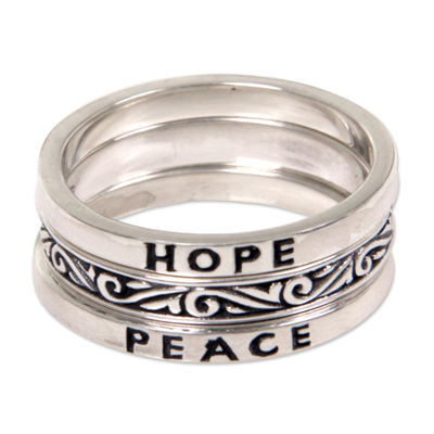 Sterling silver stacking rings, 'Hope for Peace' (set of 3) - 3 Sterling Silver Hope and Peace Stacking Rings Bali