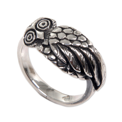 Sterling silver cocktail ring, 'Perky Night Owl' - Handcrafted Balinese Sterling Silver Owl Ring