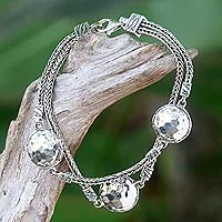 Pulsera de estación de plata de ley, 'Brilliant Moons' - Pulsera de eslabones Naga de plata de ley hecha a mano de Bali