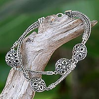 Gold accented sterling silver station bracelet, 'Flowering Hearts' - Sterling Silver Gold Accent Link Bracelet from Indonesia
