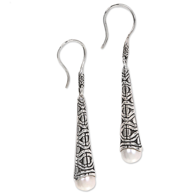 Cultured pearl dangle earrings, 'Borobudur Trumpet' - Cultured Pearl Sterling Silver Dangle Earrings Indonesia