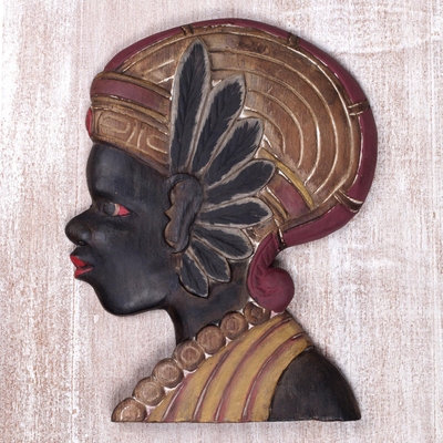 Wood wall panel, 'Papua Lady' - Wood Wall Relief Panel of Papua Woman in Antique Finish