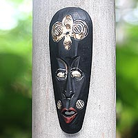 Máscara de madera, 'Ancestro Rinjani' - Máscara de madera de pared de la tribu Rinjani estilo Lombok tallada a mano