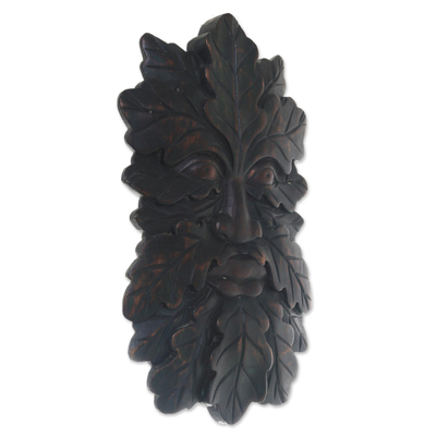 Wood mask, 'Jaka Tarub' - Camouflaged Tree Man Wall Mask from Indonesian Jaka Legend