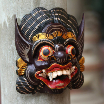 Máscara de madera - Máscara de madera tallada a mano de Barong de la mitología balinesa
