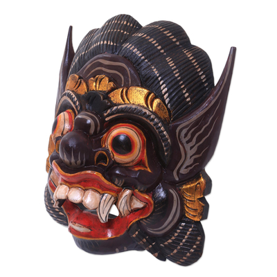 Wood mask, 'Balinese Barong' - Hand-Carved Wood Mask of Barong from Balinese Mythology
