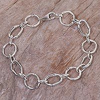 Sterling silver link bracelet, 'Bamboo Chain' - Handcrafted Sterling Silver Engraved Link Bracelet from Bali