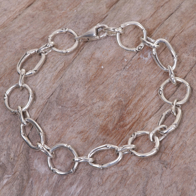 Sterling silver link bracelet, 'Bamboo Chain' - Handcrafted Sterling Silver Engraved Link Bracelet from Bali