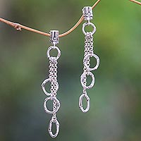 Sterling silver waterfall earrings, 'Bamboo Waterfall' - Balinese Sterling Silver Handmade Engraved Dangle Earrings