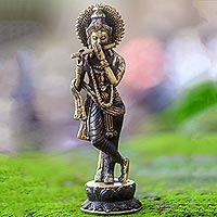 Bronze statuette, 'Krishna's Song' - Hand Made Bronze Krishna Statuette with Antique Finish