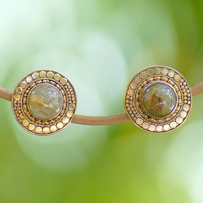 Gold plated rutile quartz button earrings, 'Golden Moon' - Gold Plated Sterling Silver Rutile Quartz Earrings Indonesia