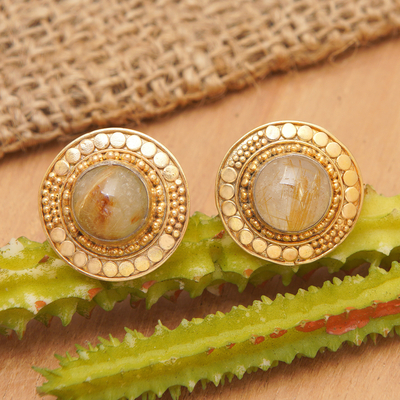 Gold plated rutile quartz button earrings, 'Golden Moon' - Gold Plated Sterling Silver Rutile Quartz Earrings Indonesia
