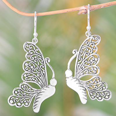Sterling silver dangle earrings, 'Bright Bali Butterfly' - Sterling Silver Butterfly Dangle Earrings from Indonesia