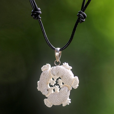 Bone pendant necklace, 'Frog Circle' - Hand Made Bone Pendant Necklace Frogs from Indonesia
