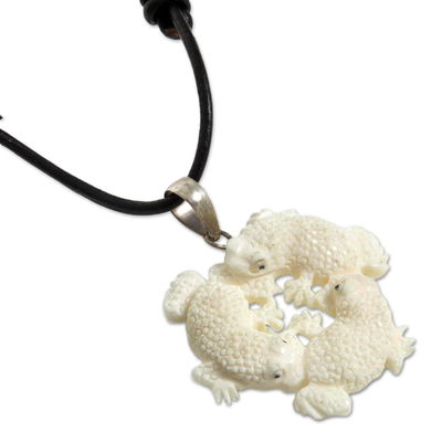 Bone pendant necklace, 'Frog Circle' - Hand Made Bone Pendant Necklace Frogs from Indonesia