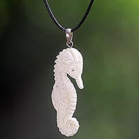 Bone pendant necklace, 'Timid Sea Horse'