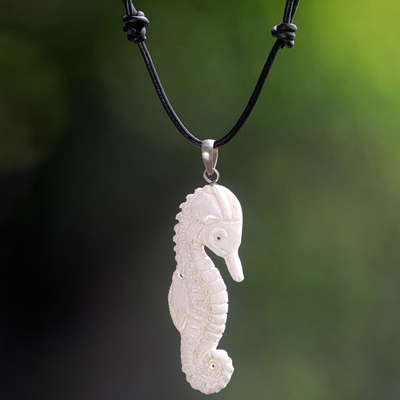 Bone pendant necklace, 'Timid Sea Horse' - Hand Made Bone Pendant Necklace Sea Horse from Indonesia