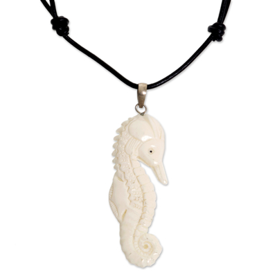 Hand Made Bone Pendant Necklace Sea Horse from Indonesia