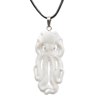 Handcarved Bone Octopus Pendant Necklace made in Indonesia
